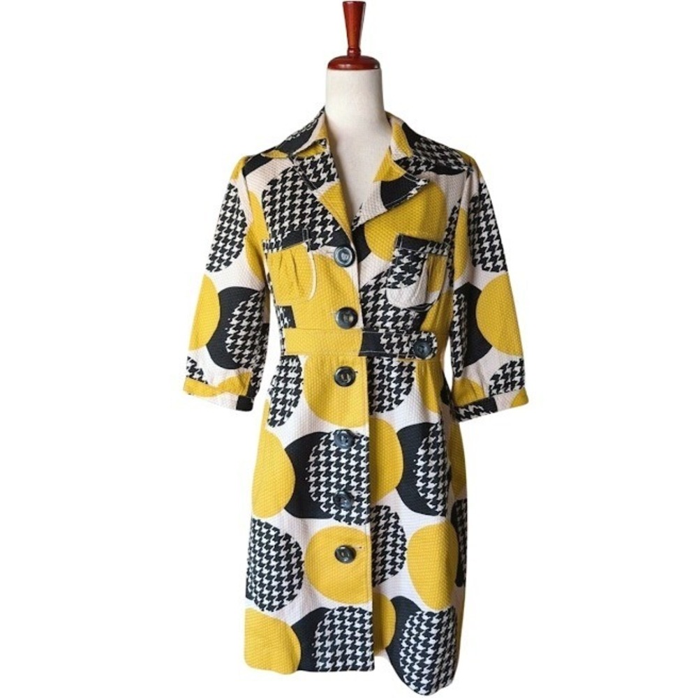 Lapis Womens Yellow Black Houndstooth‎ Geometric Button Front Pique Coat Size M